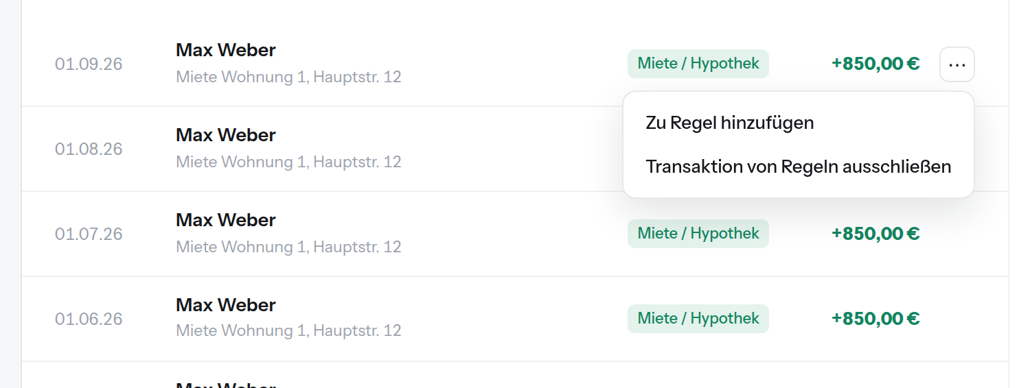 Das Menü an einer Zahlung mit den Einträgen Zu Regel hinzufügen und Transaktion von Regeln ausschließen