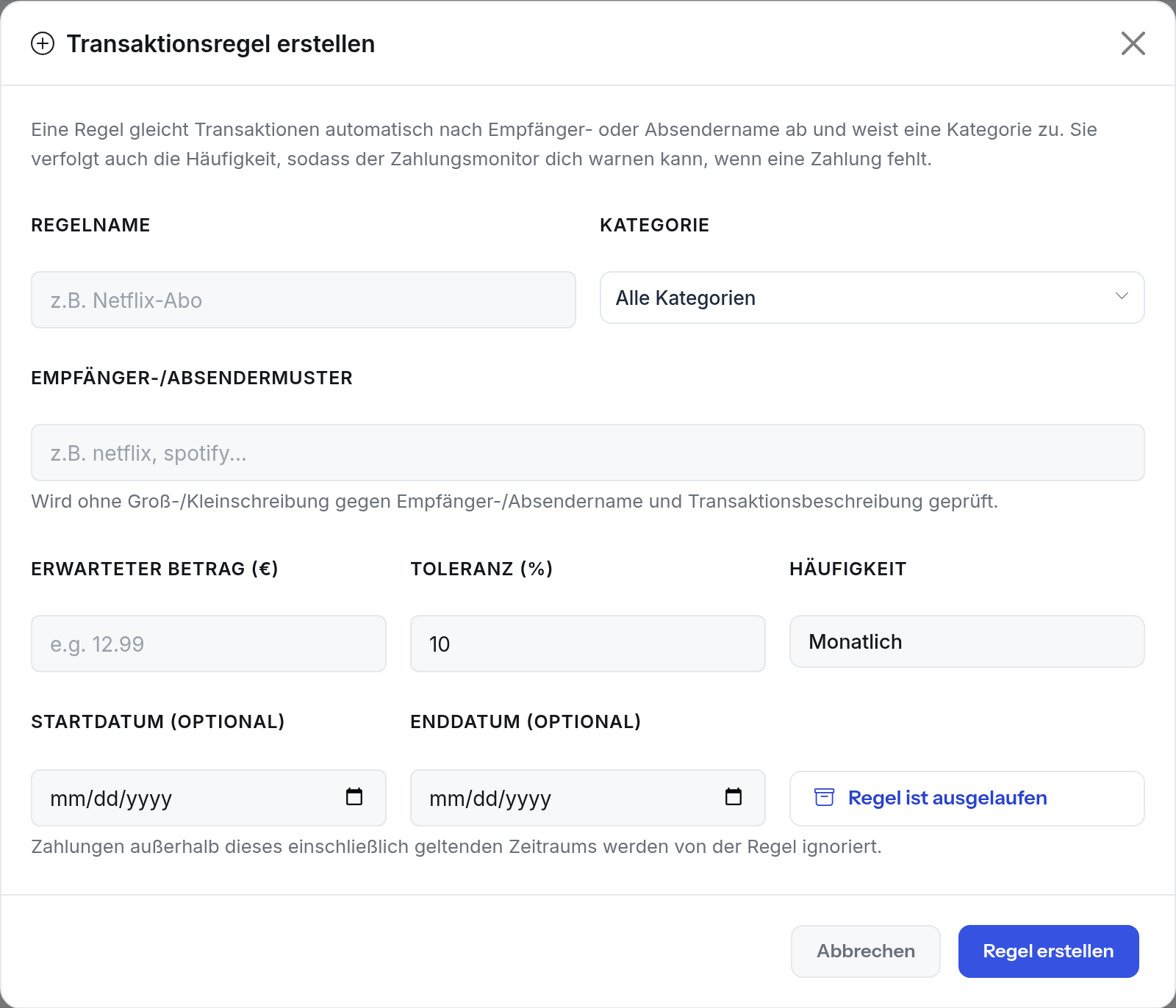 Das Formular zum Anlegen einer Regel mit den Feldern Name, Suchbegriff, Kategorie, Betrag, Toleranz und Rhythmus
