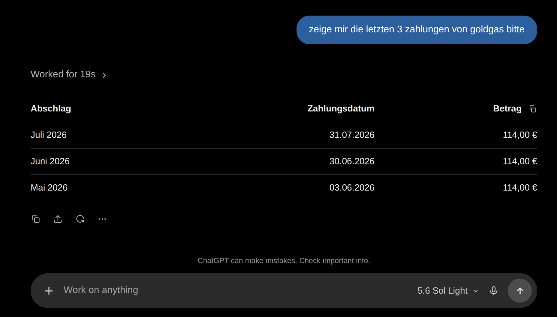 ChatGPT beantwortet eine Frage zu goldgas-Zahlungen mit Daten aus BankPilot