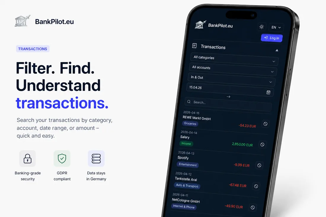 Filter and search transactions by category, account, period or amount.